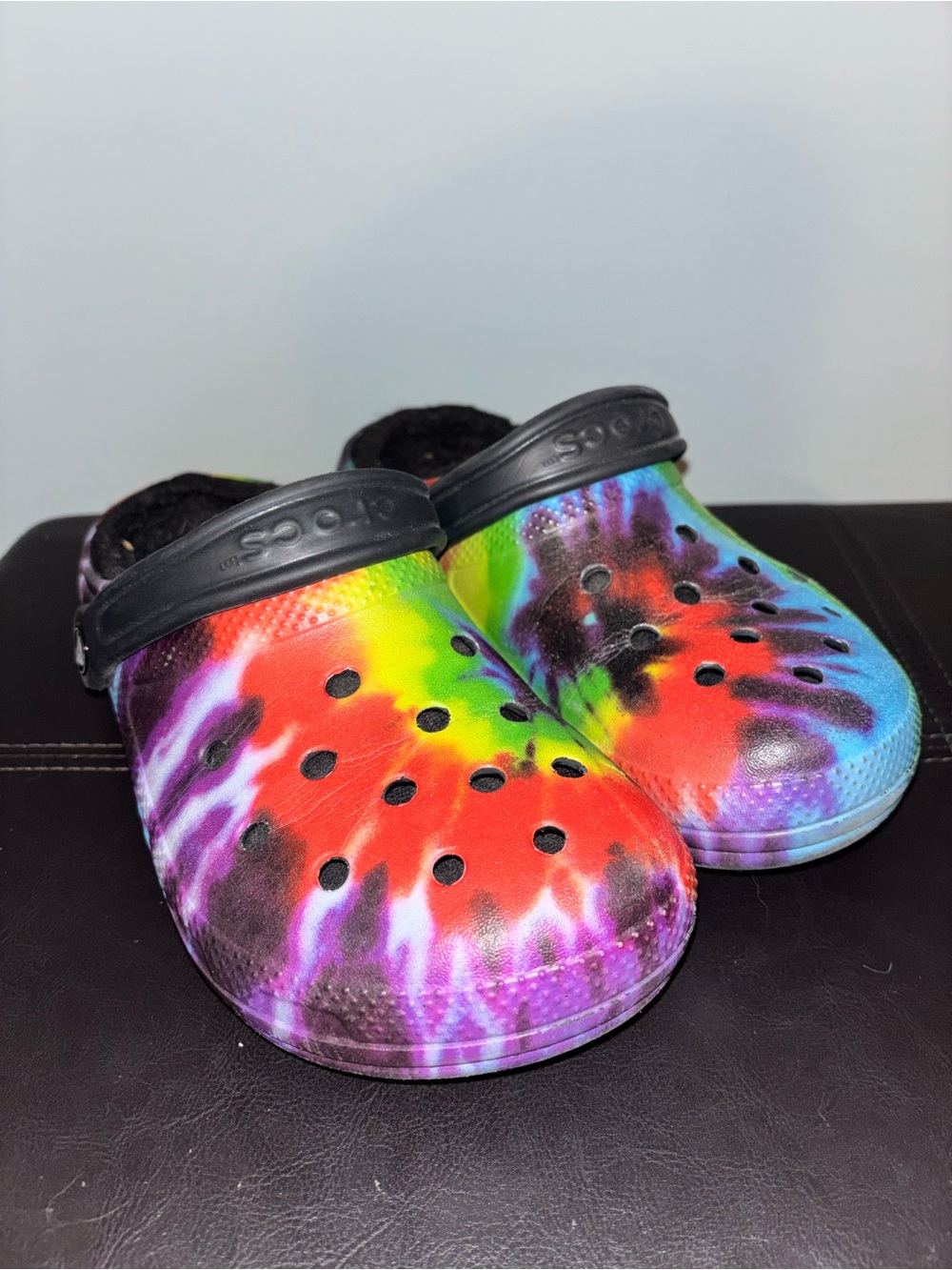 CROCS Tie-Dye Clogs in Rainbow with Black Strap